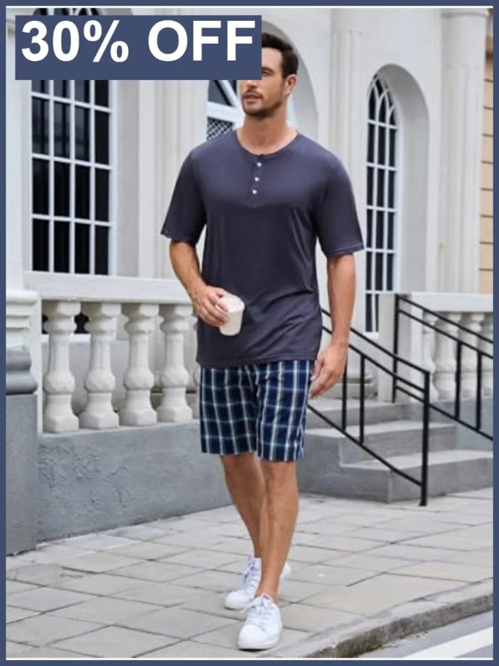 Men's Pajama Set Henley Collar, Breathable Bamboo Viscose & Cotton Short Sleeve